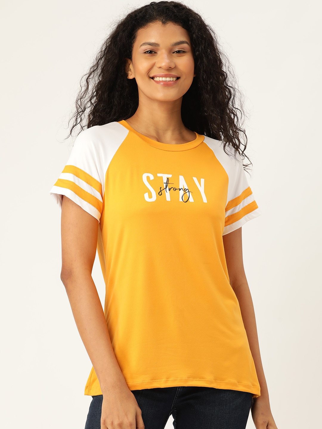 

DressBerry Women Mustard Yellow & White Printed Round Neck T-shirt