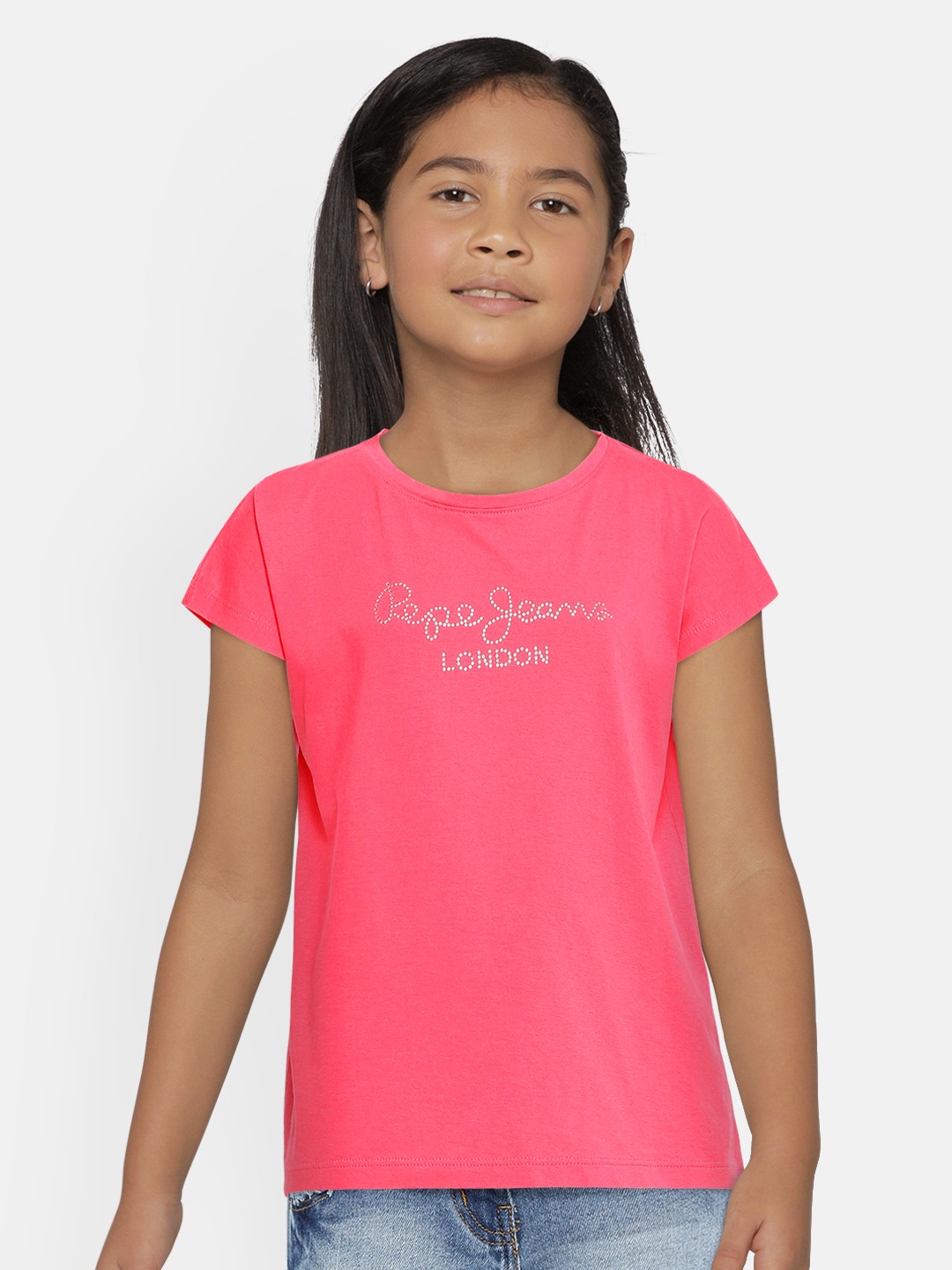 

Pepe Jeans Girls Pink Brand Logo Embellished Round Neck T-shirt