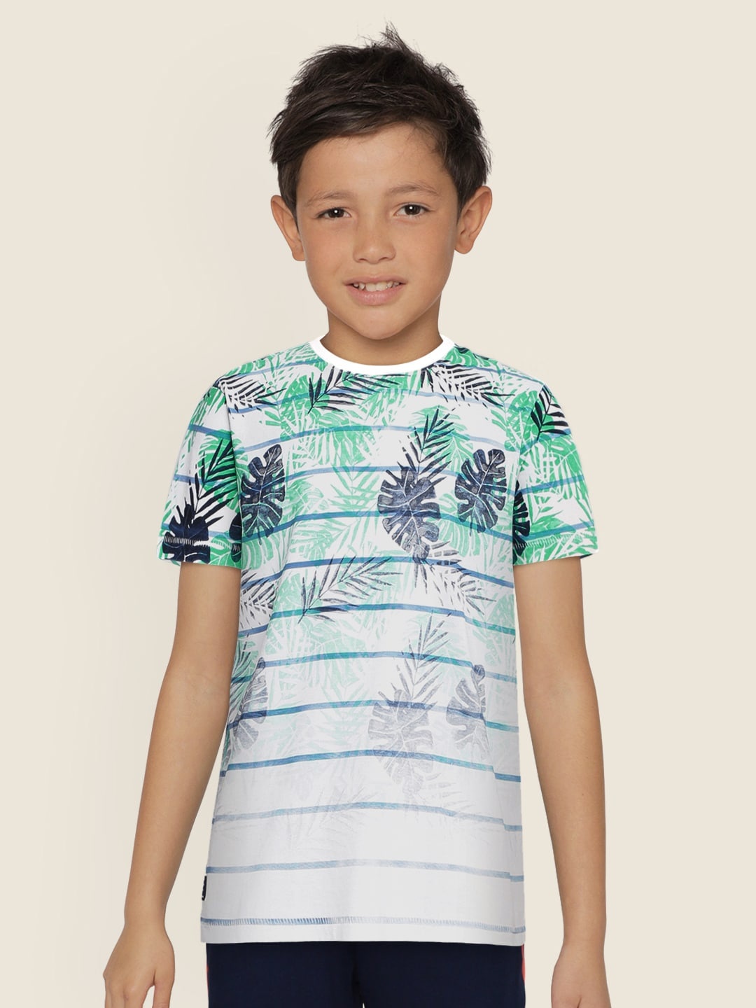 

Pepe Jeans Boys Off-White Green TYLERSS IP Printed Round Neck Pure Cotton T-shirt