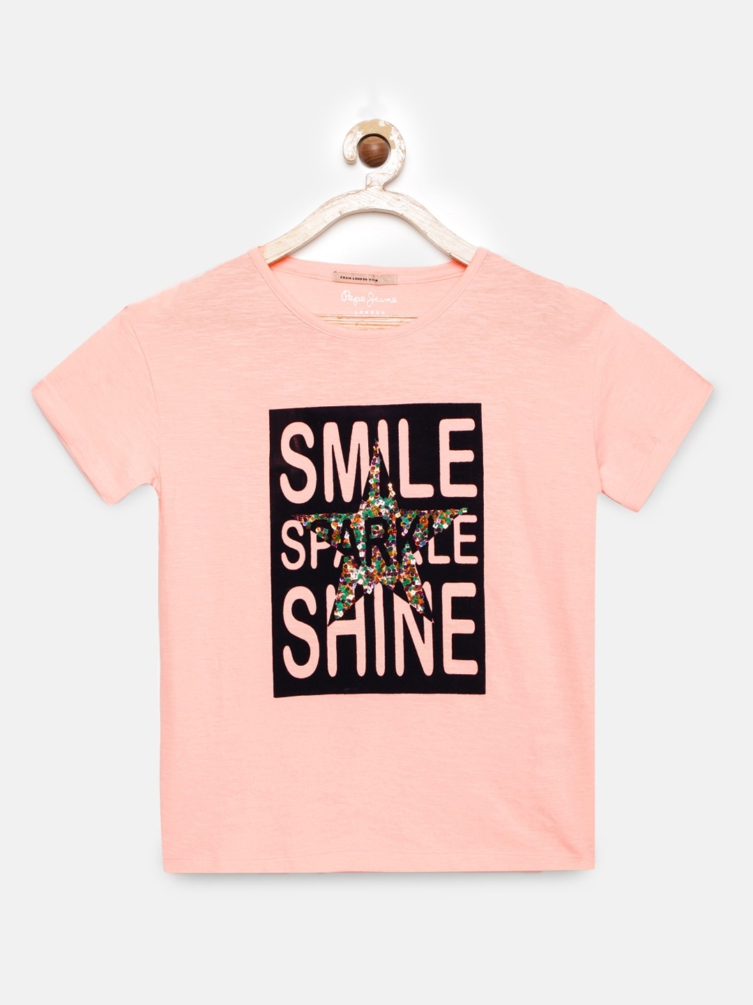 

Pepe Jeans Girls Pink CARRIE IP Sequined Printed Round Neck Pure Cotton T-shirt