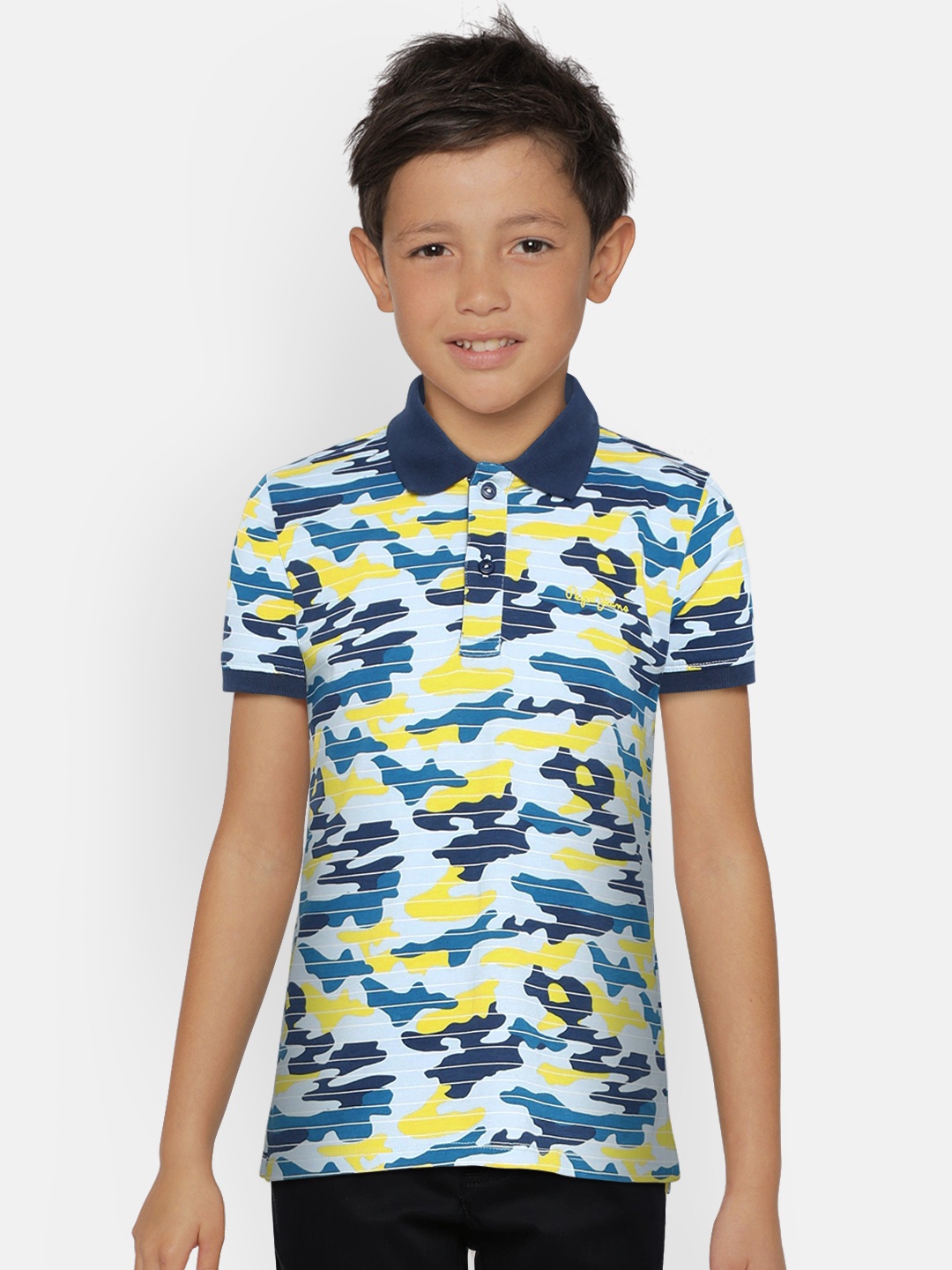 

Pepe Jeans Boys Blue Camouflage Printed Polo Collar Pure Cotton T-shirt