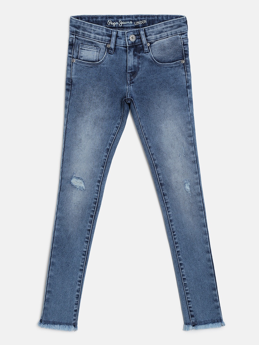 

Pepe Jeans Girls Blue Tapered Fit Mid-Rise Low Distress Stretchable Jeans