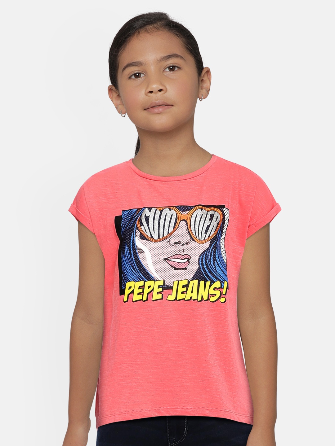 

Pepe Jeans Girls Peach-Coloured Printed Round Neck T-shirt