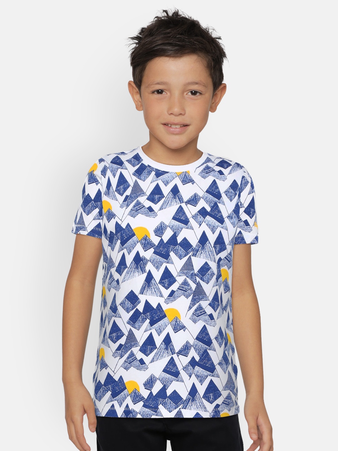 

Pepe Jeans Boys Blue White Printed NIGEL SS IP Round Neck Pure Cotton T-shirt