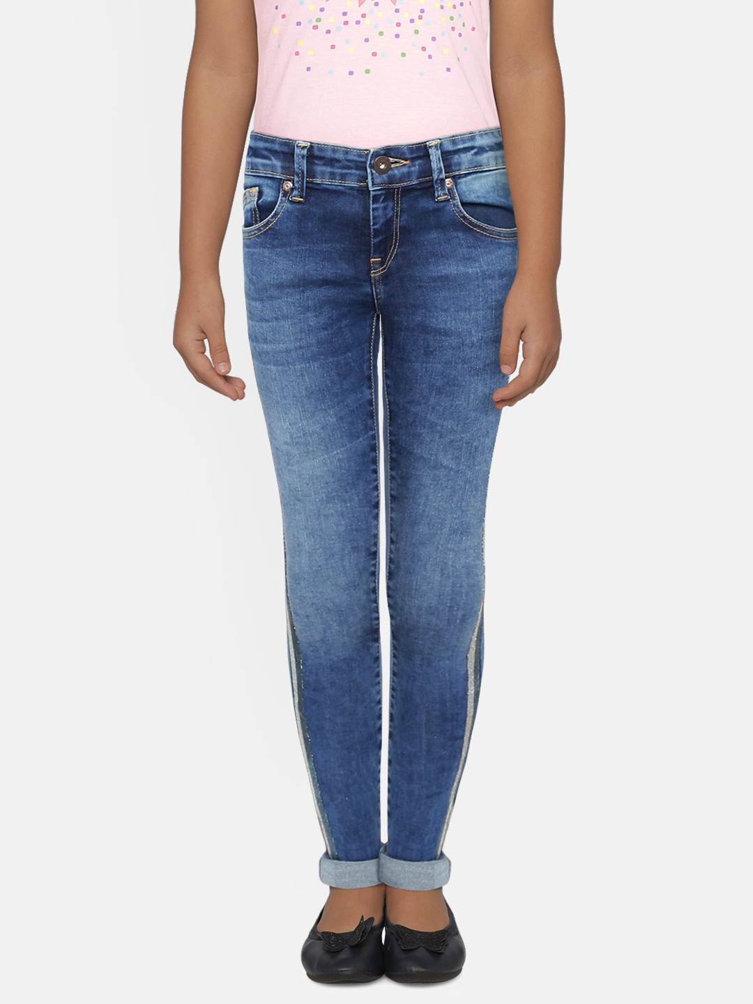 

Pepe Jeans Girls Blue Tapered Fit Mid-Rise Side Striped Stretchable Jeans