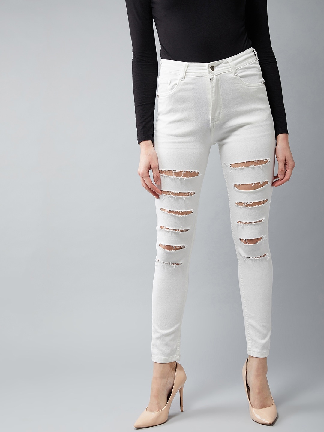 

DOLCE CRUDO Women White Super Skinny Fit Mid-Rise Highly Distressed Stretchable Jeans