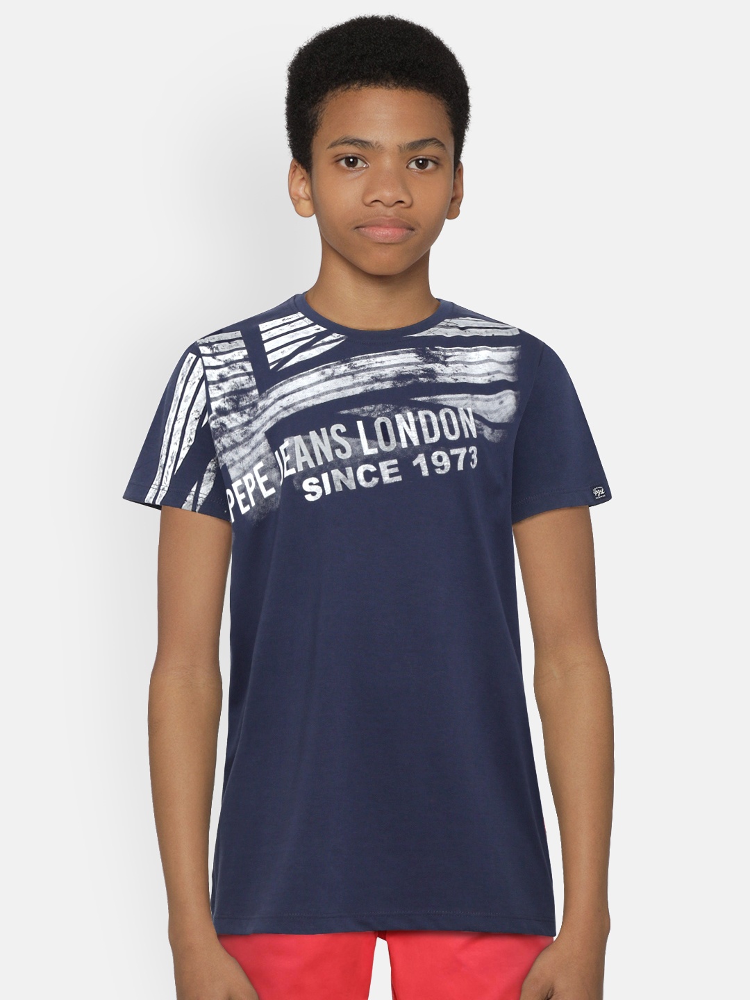 

Pepe Jeans Boys Navy Blue & White Printed Round Neck T-shirt