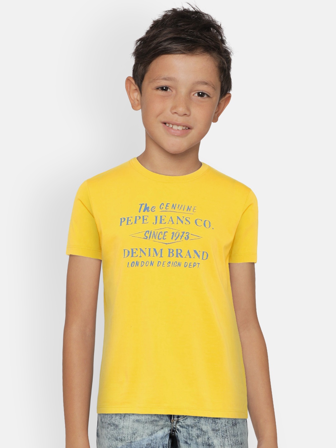 

Pepe Jeans Boys Yellow Blue Printed Round Neck Pure Cotton T-shirt