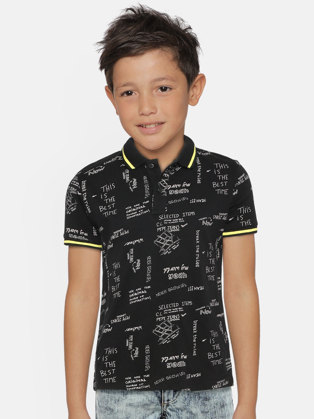 

Pepe Jeans Boys Black Printed Polo Collar T-shirt