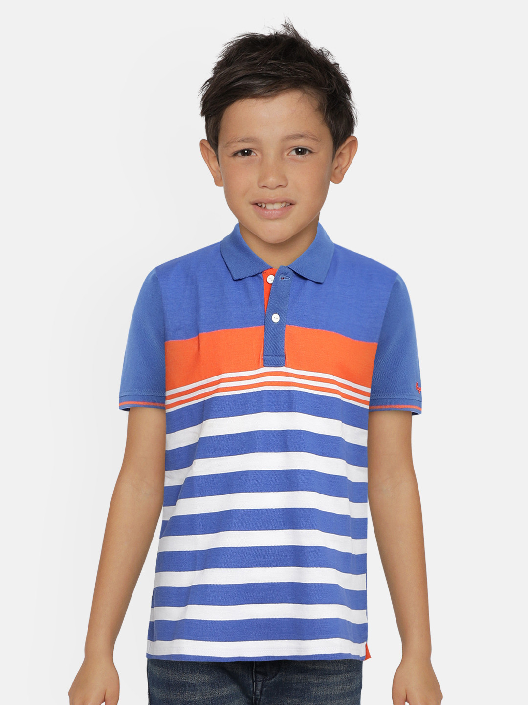 

Pepe Jeans Boys Blue Striped Pure Cotton Polo Collar Pure Cotton T-shirt