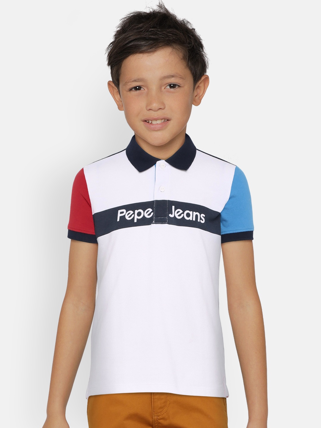 

Pepe Jeans Boys White & Navy Blue Printed Polo Collar T-shirt