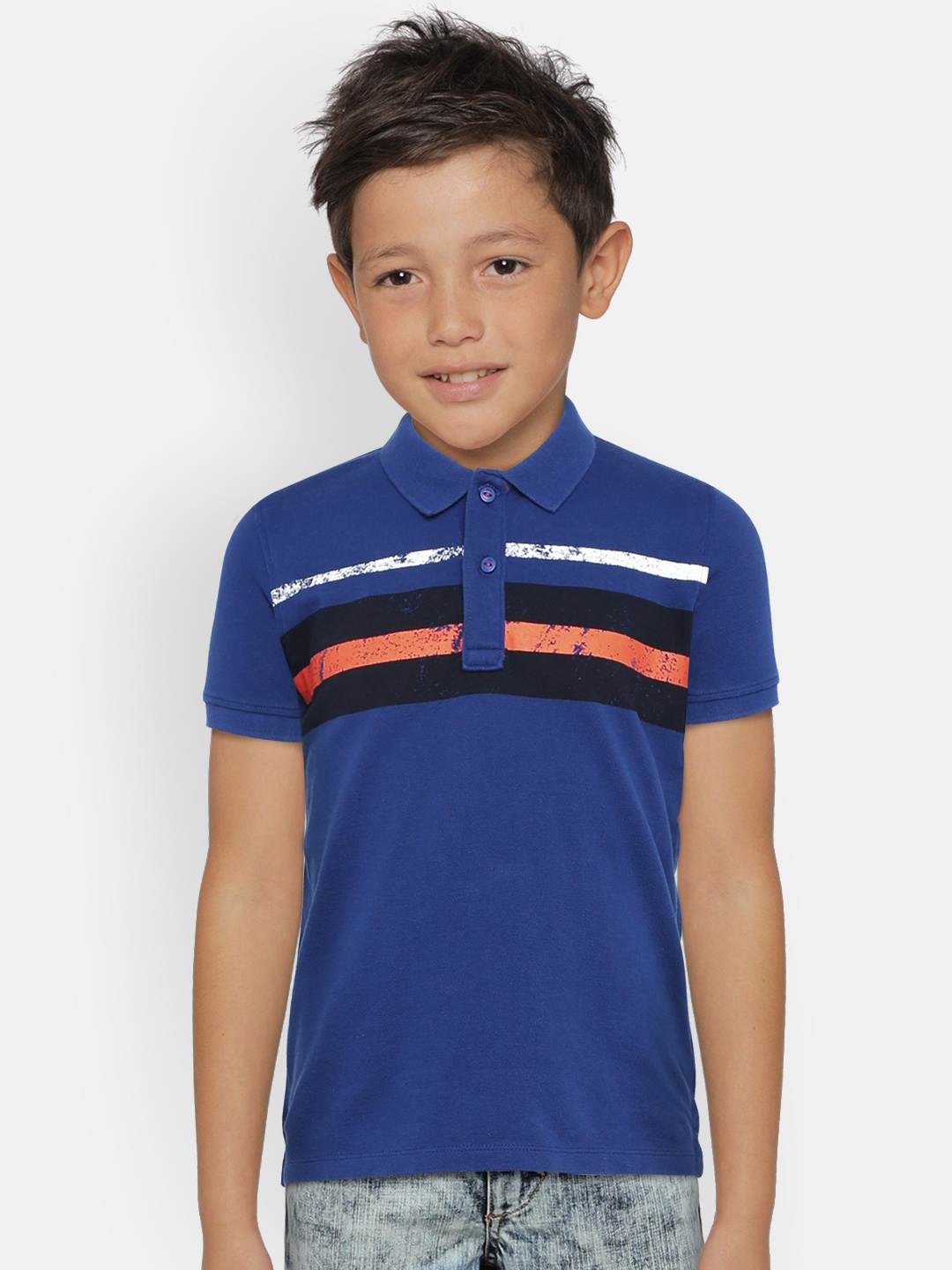 

Pepe Jeans Boys Blue Black Striped Polo Collar Pure Cotton T-shirt