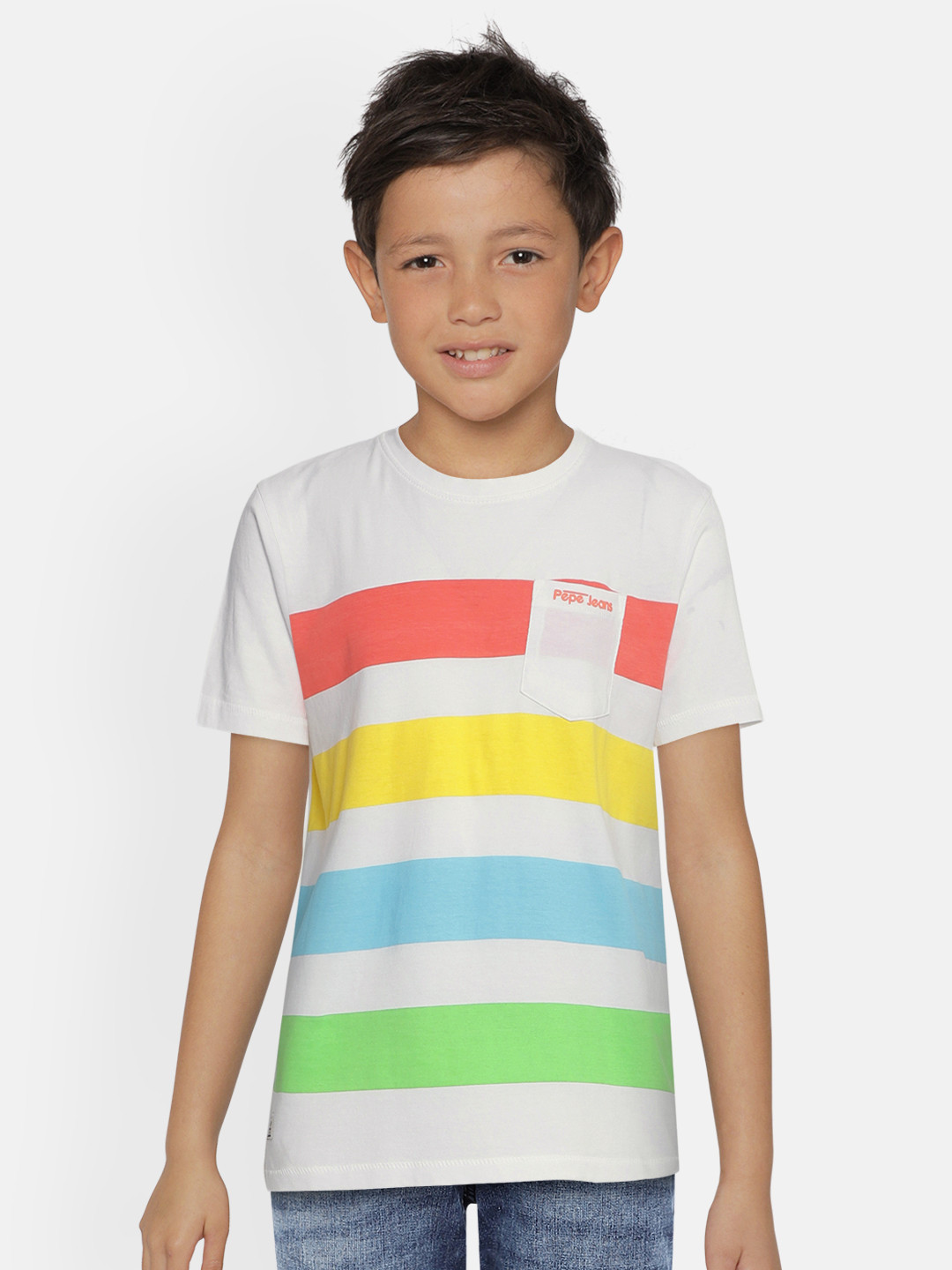

Pepe Jeans Boys White Striped Round Neck Pure Cotton T-shirt