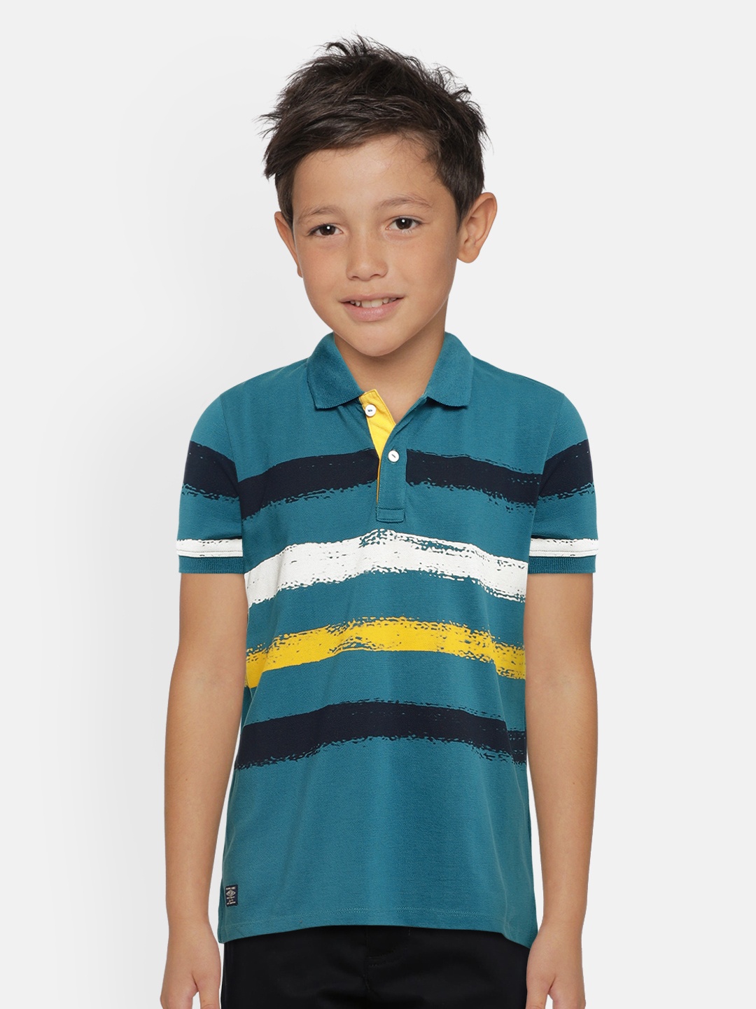 

Pepe Jeans Boys Teal Blue White Striped Cotton Polo Collar Pure Cotton T-shirt