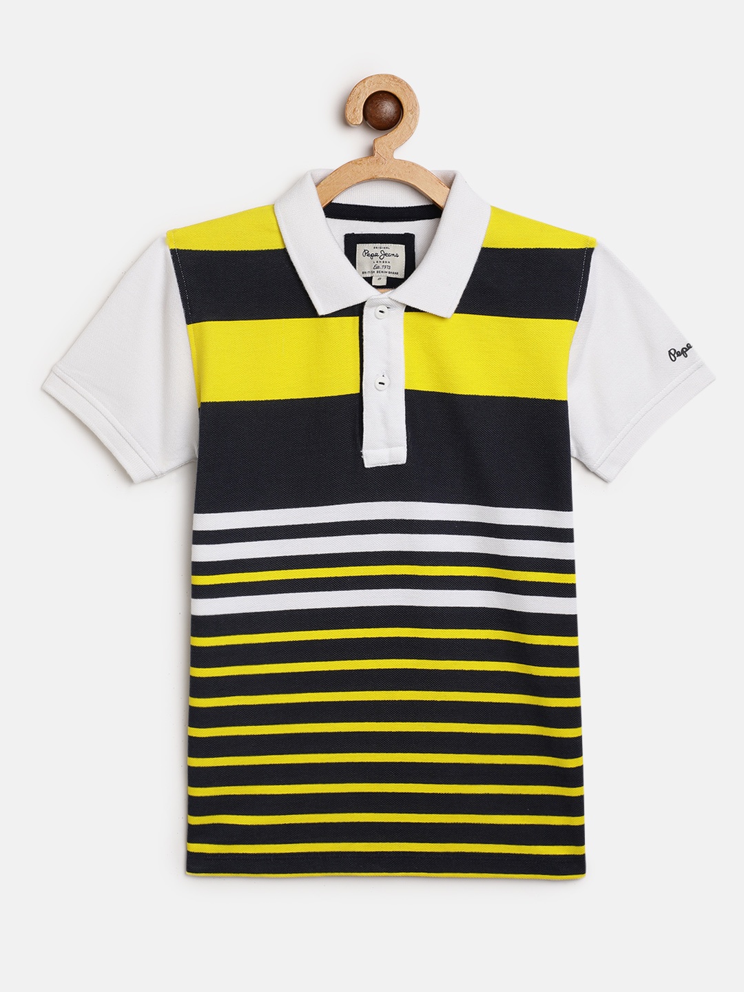 

Pepe Jeans Boys Yellow Navy Blue Striped ZION SS IP Polo Collar Pure Cotton T-shirt