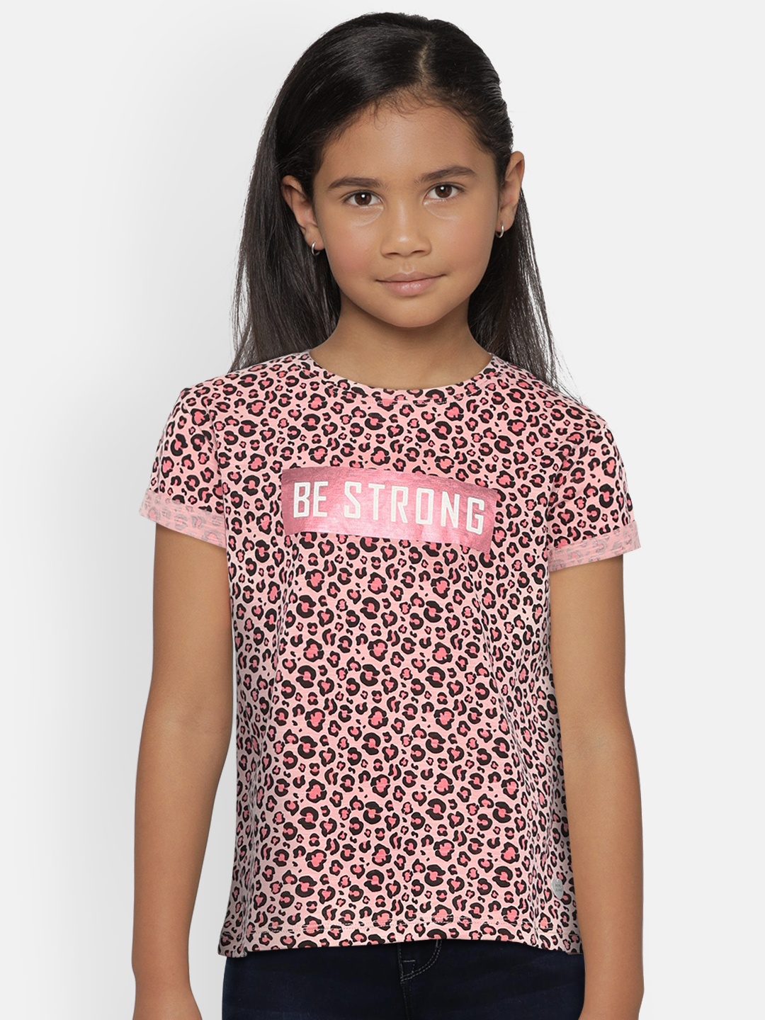 

Pepe Jeans Girls Peach-Coloured & Black Printed Round Neck T-shirt