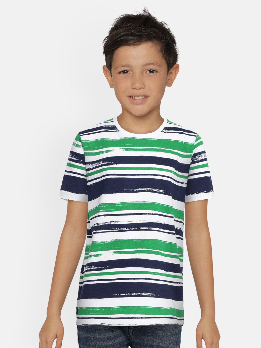 

Pepe Jeans Boys Green Blue Striped Round Neck Pure Cotton T-shirt