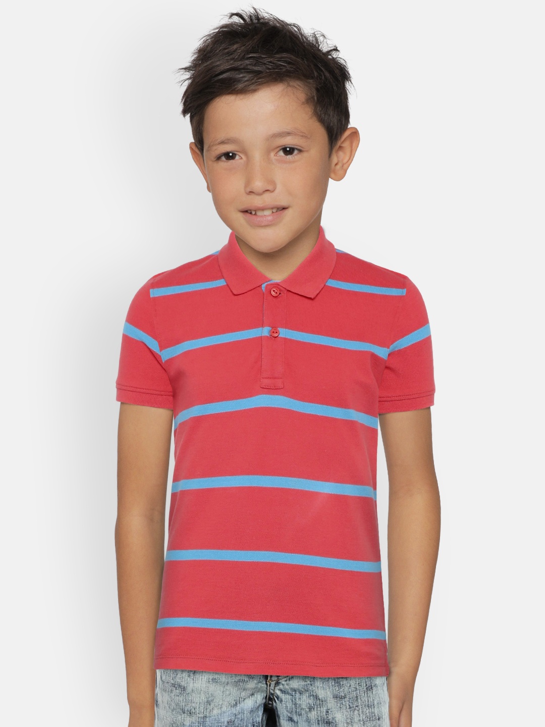 

Pepe Jeans Boys Coral Pink & Blue Striped KYLE JR SS IP Polo Collar T-shirt
