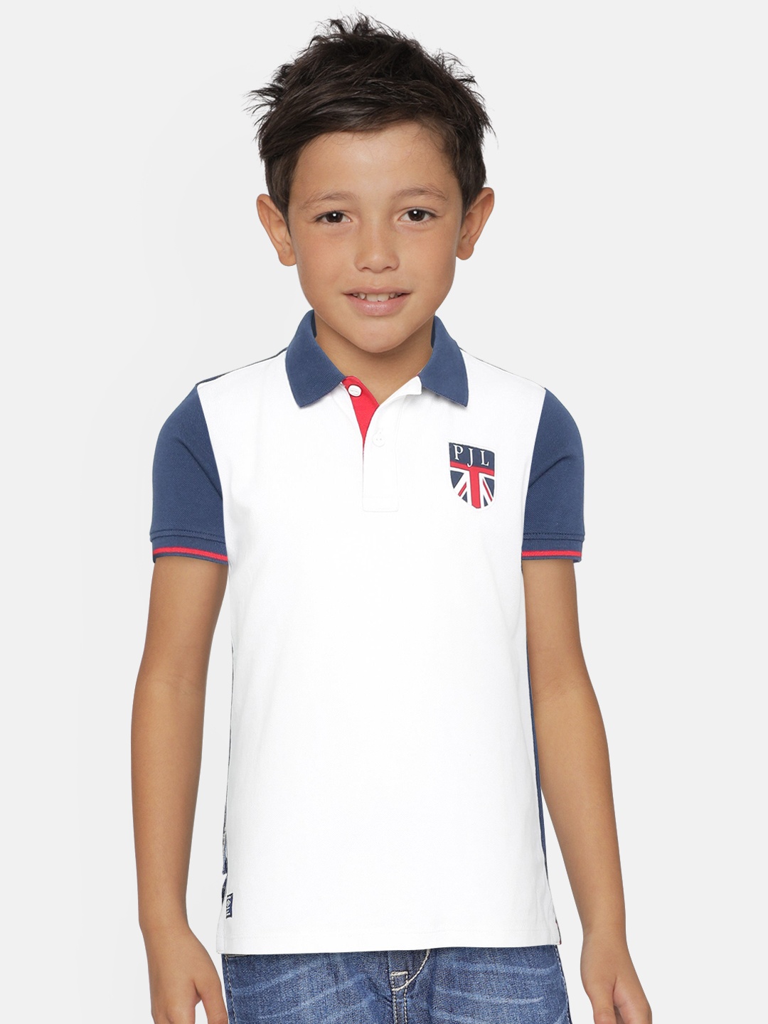 

Pepe Jeans Boys White and Navy Blue Printed Polo Collar T-shirt