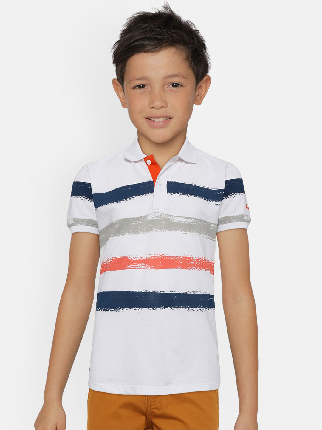 

Pepe Jeans Boys White & Navy Blue Striped Polo Collar T-shirt