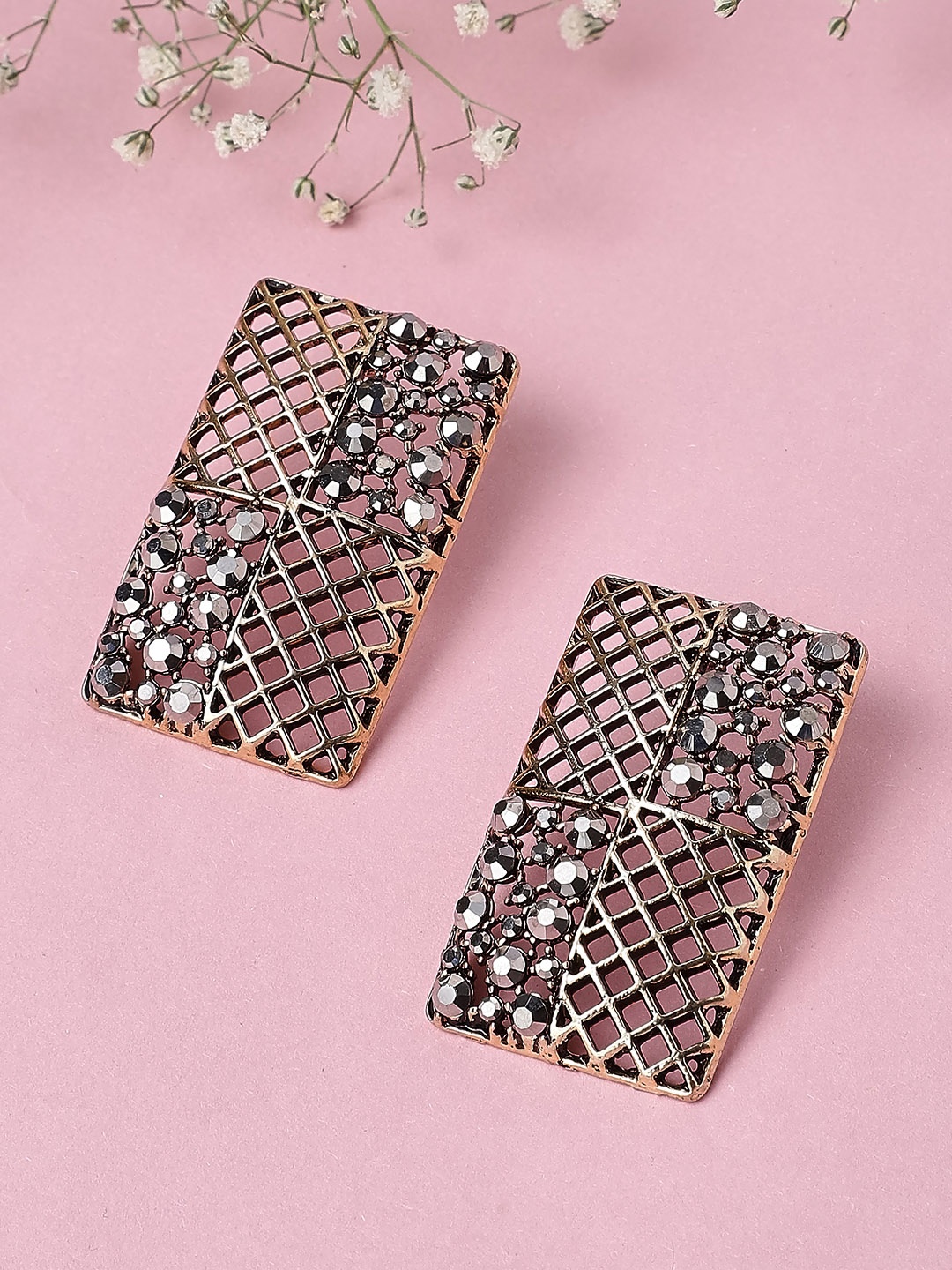 

Rubans Gold-Toned & Grey CZ Studded Geometric Drop Earrings
