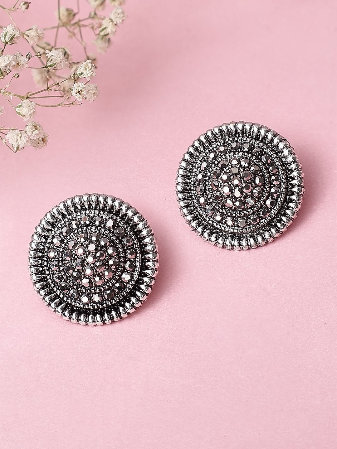 

Rubans Silver-Toned & Grey Studded Circular Drop Earrings