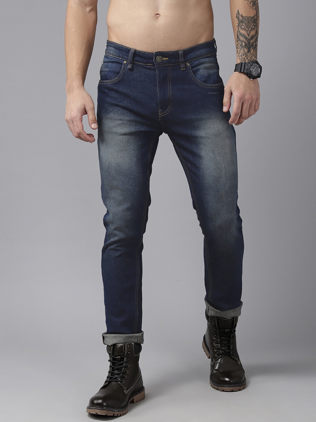 

The Roadster Lifestyle Co. Men Skinny Fit Heavy Fade Stretchable Jeans, Navy blue