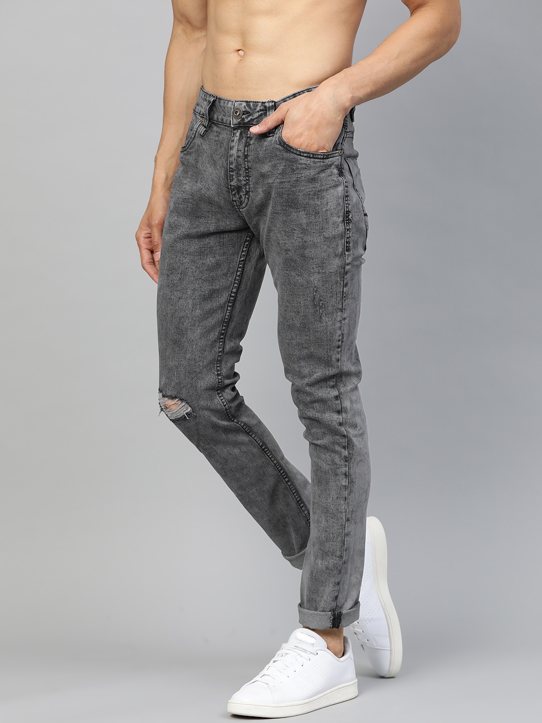 

Roadster Men Charcoal Grey Skinny Fit Mid-Rise Slash Knee Stretchable Jeans