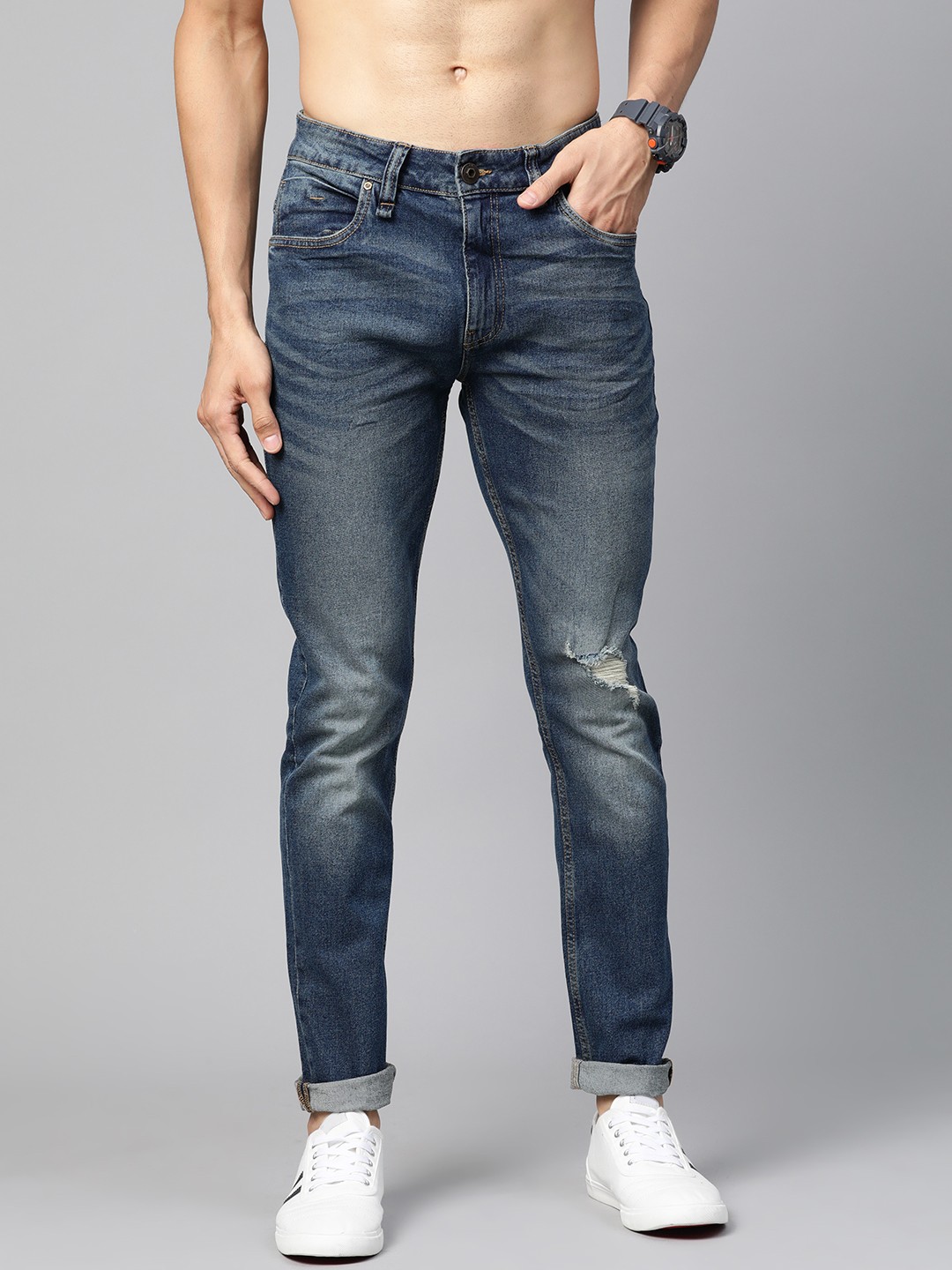 

Roadster Men Navy Blue Skinny Fit Mid-Rise Low Distress Stretchable Jeans