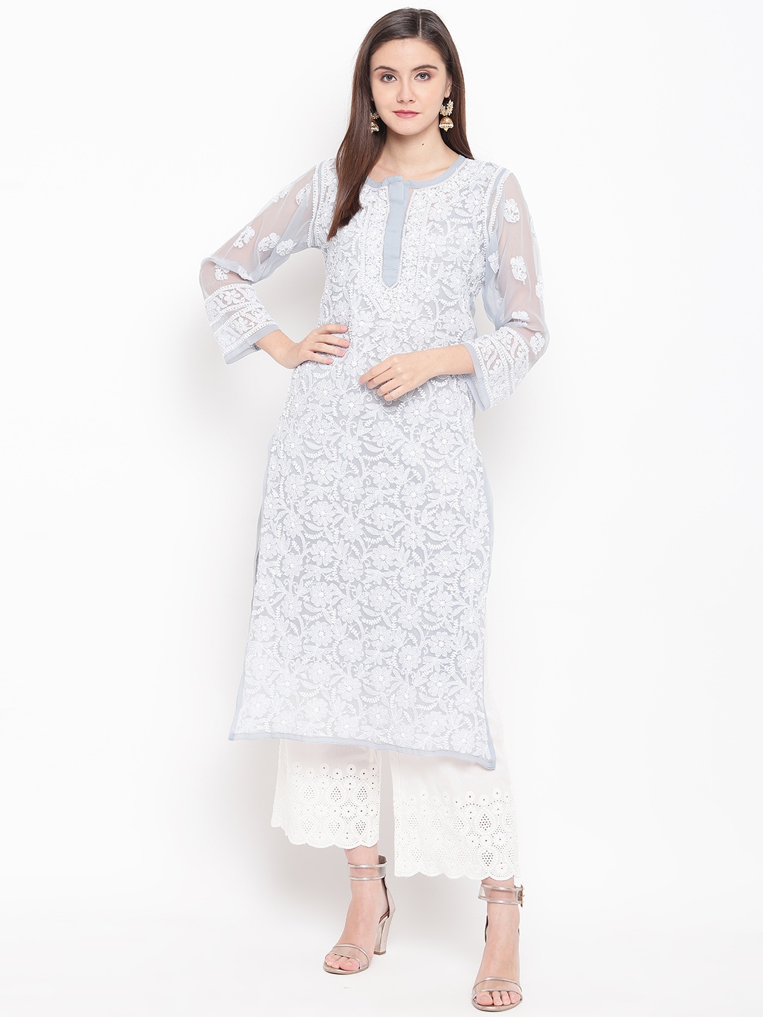 

ADA Women Grey & White Chikankari Embroidered Straight Handloom Kurta