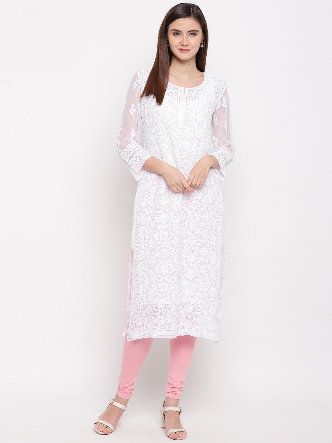 

ADA Women White Chikankari Embroidered Straight Sustainable Kurta