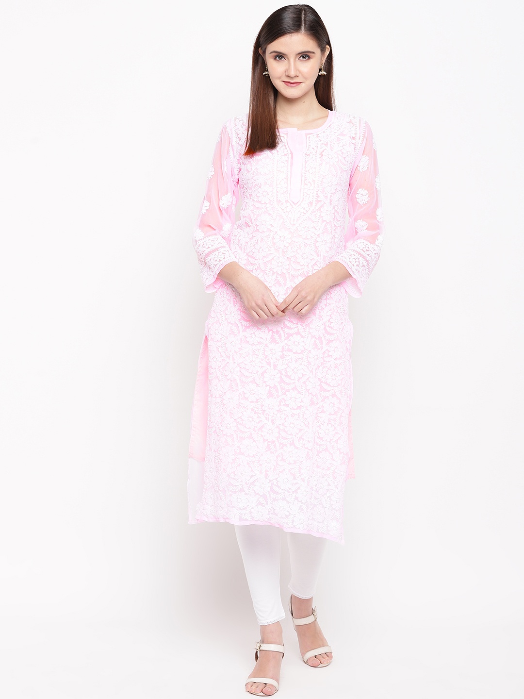 

ADA Women Pink & White Chikankari Embroidered Straight Sustainable Handloom Kurta