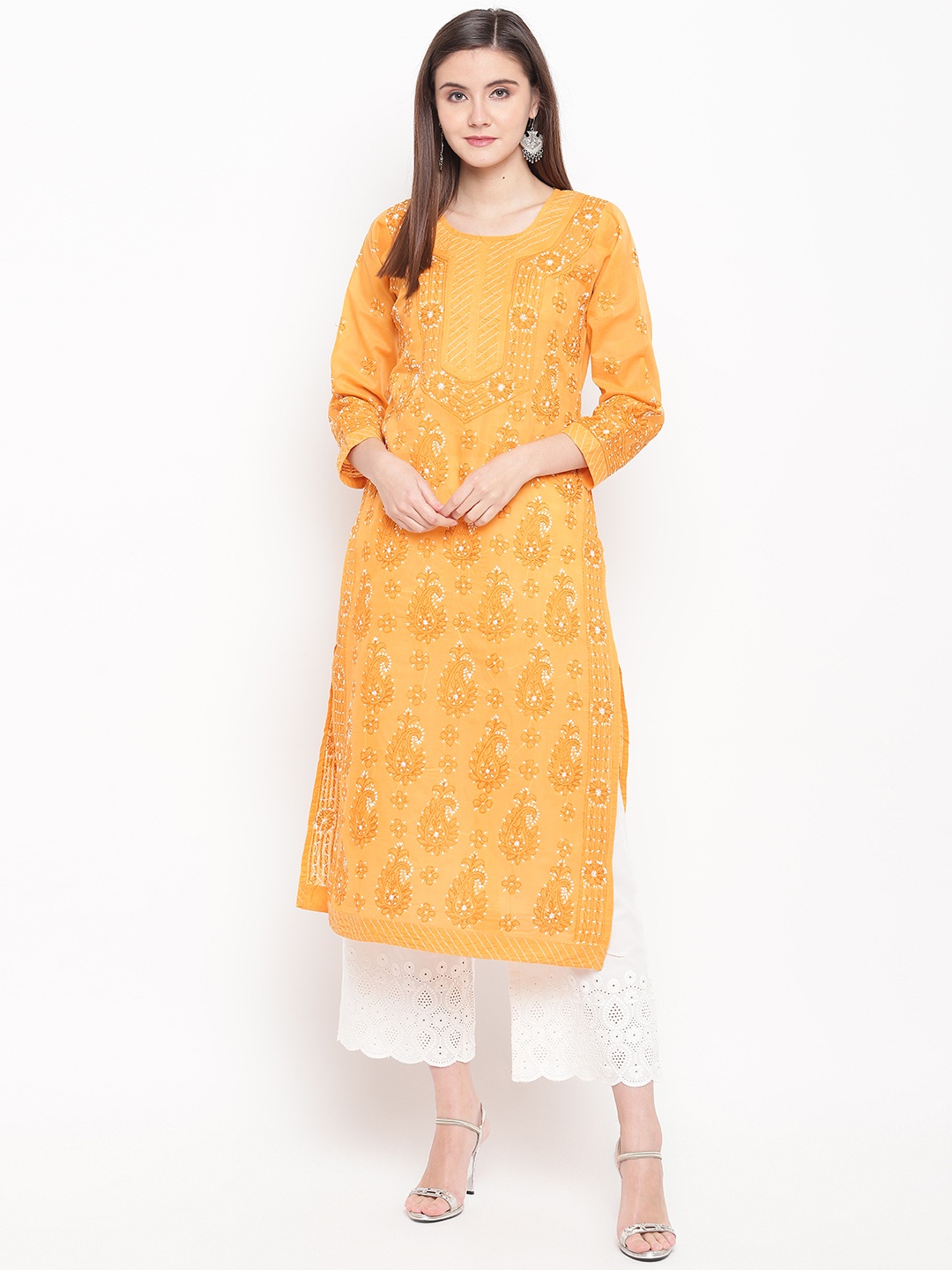 

ADA Women Mustard Yellow Chikankari Hand Embroidered Straight Kurta