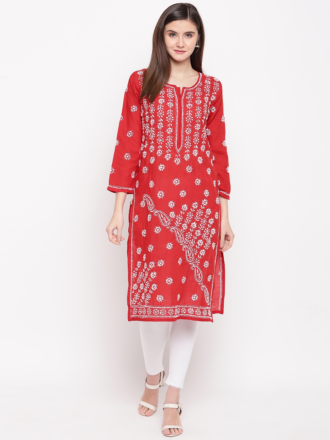 

ADA Women Red & White Chikankari Hand Embroidered Straight Sustainable Kurta