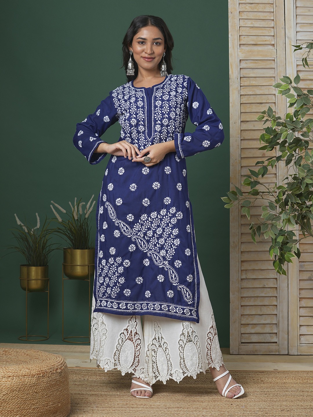 

ADA Women Blue & White Chikankari Hand Embroidered Straight Sustainable Kurta