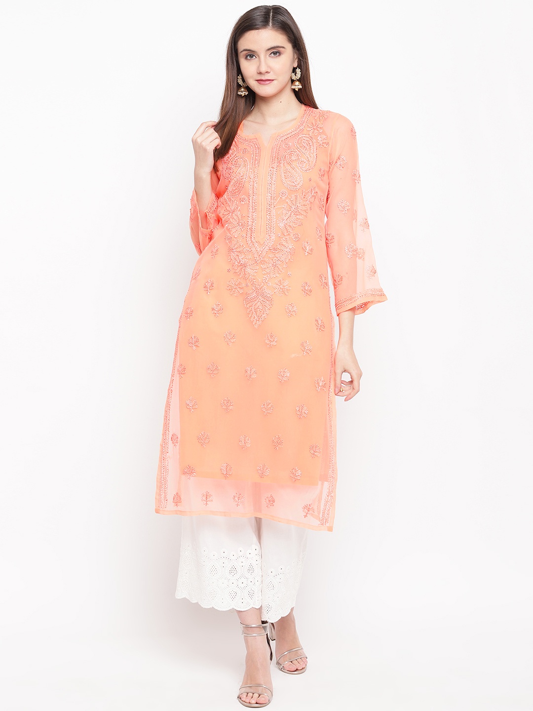 

ADA Women Orange Chikankari Hand Embroidered Semi-Sheer Straight Sustainable Handloom Kurta With Slip