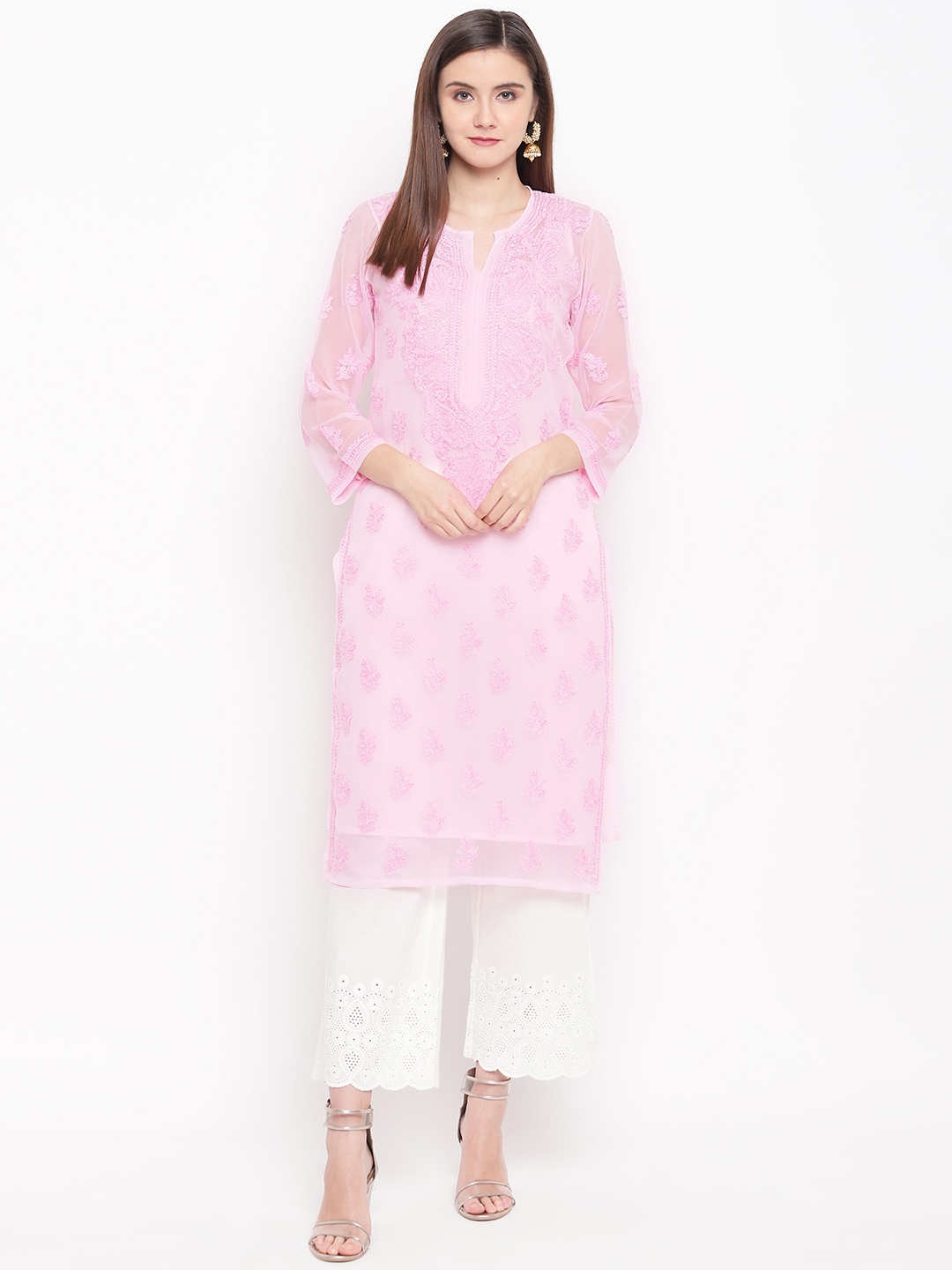 

ADA Women Pink Chikankari Hand Embroidered Semi-Sheer Straight Sustainable Kurta With Slip