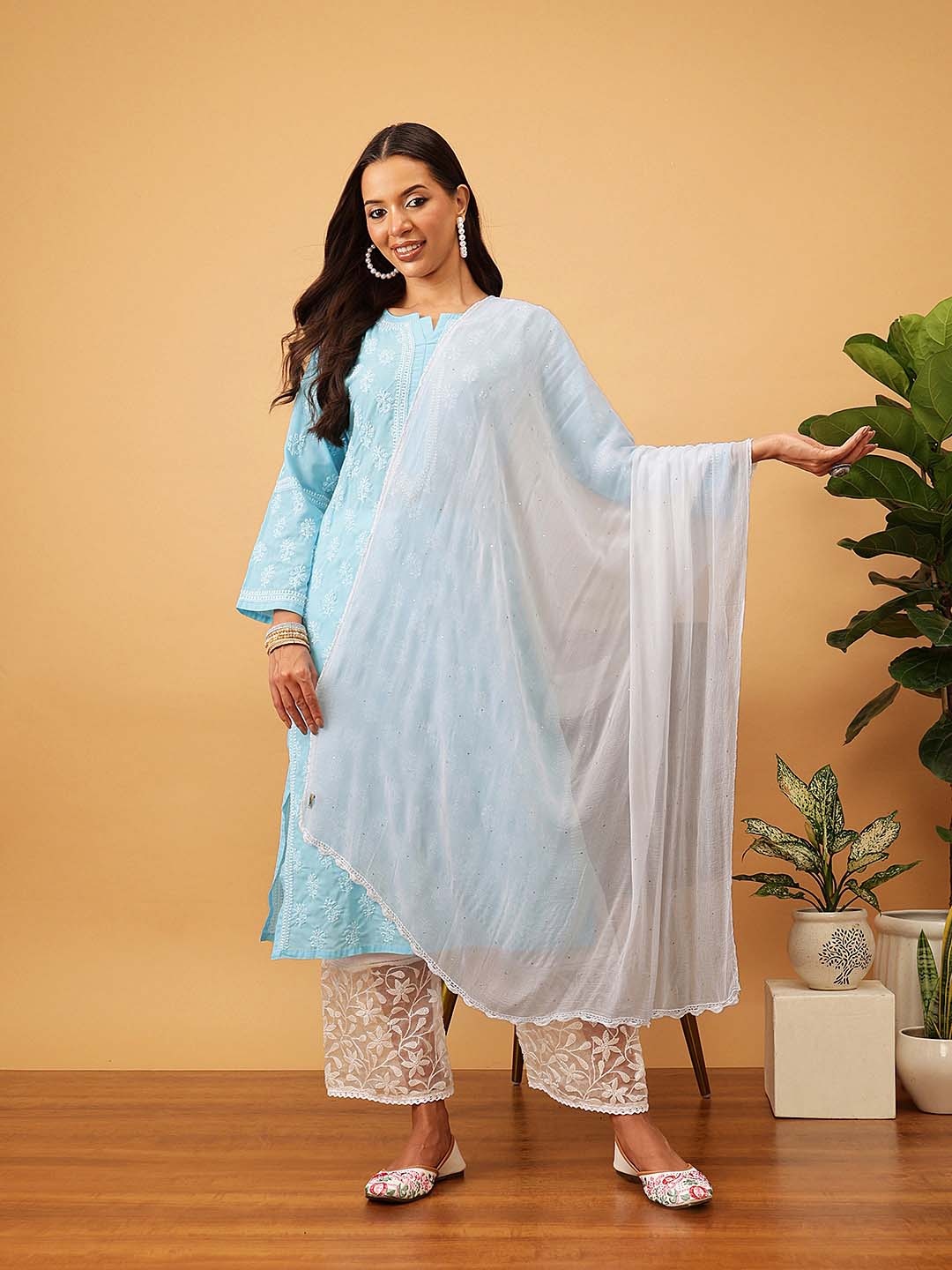 

ADA White Solid Mukaish Work Handloom Dupatta