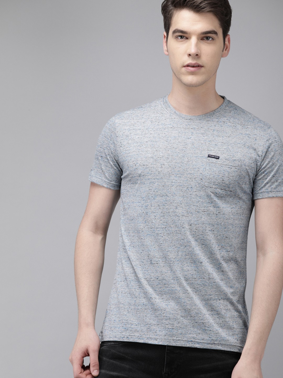 

THE BEAR HOUSE Men Grey Melange Solid Round Neck T-shirt