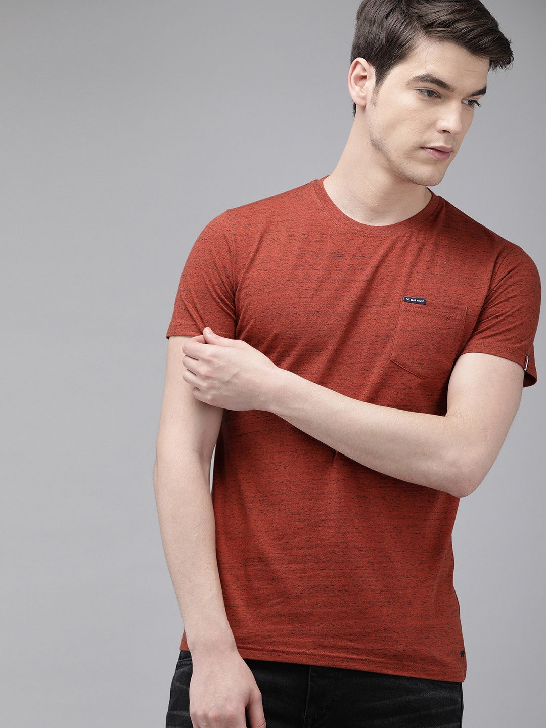 

THE BEAR HOUSE Men Rust Orange Melange Slim Fit Solid Round Neck T-shirt