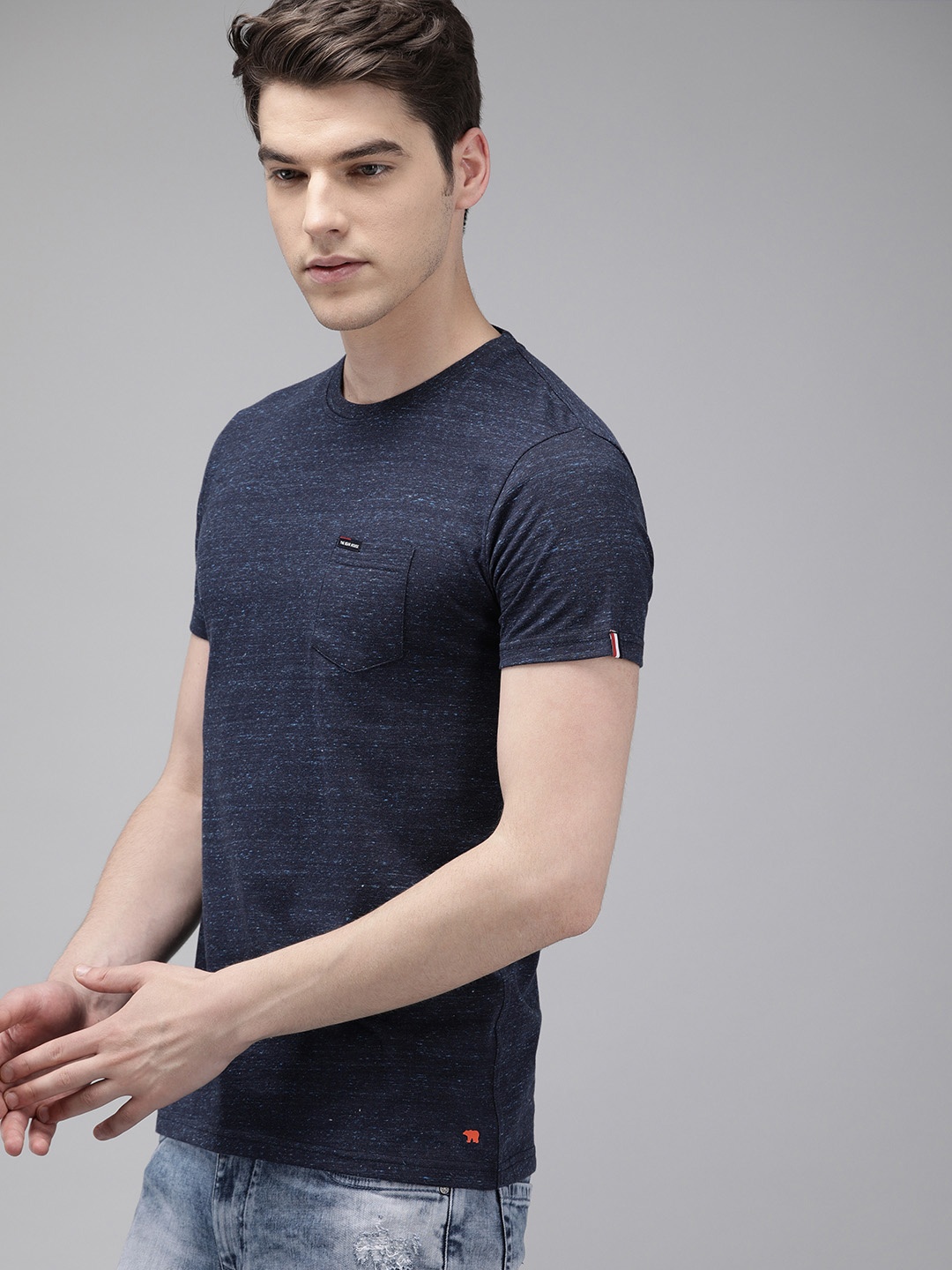 

THE BEAR HOUSE Men Navy Blue Melange Slim Fit Solid Round Neck T-shirt