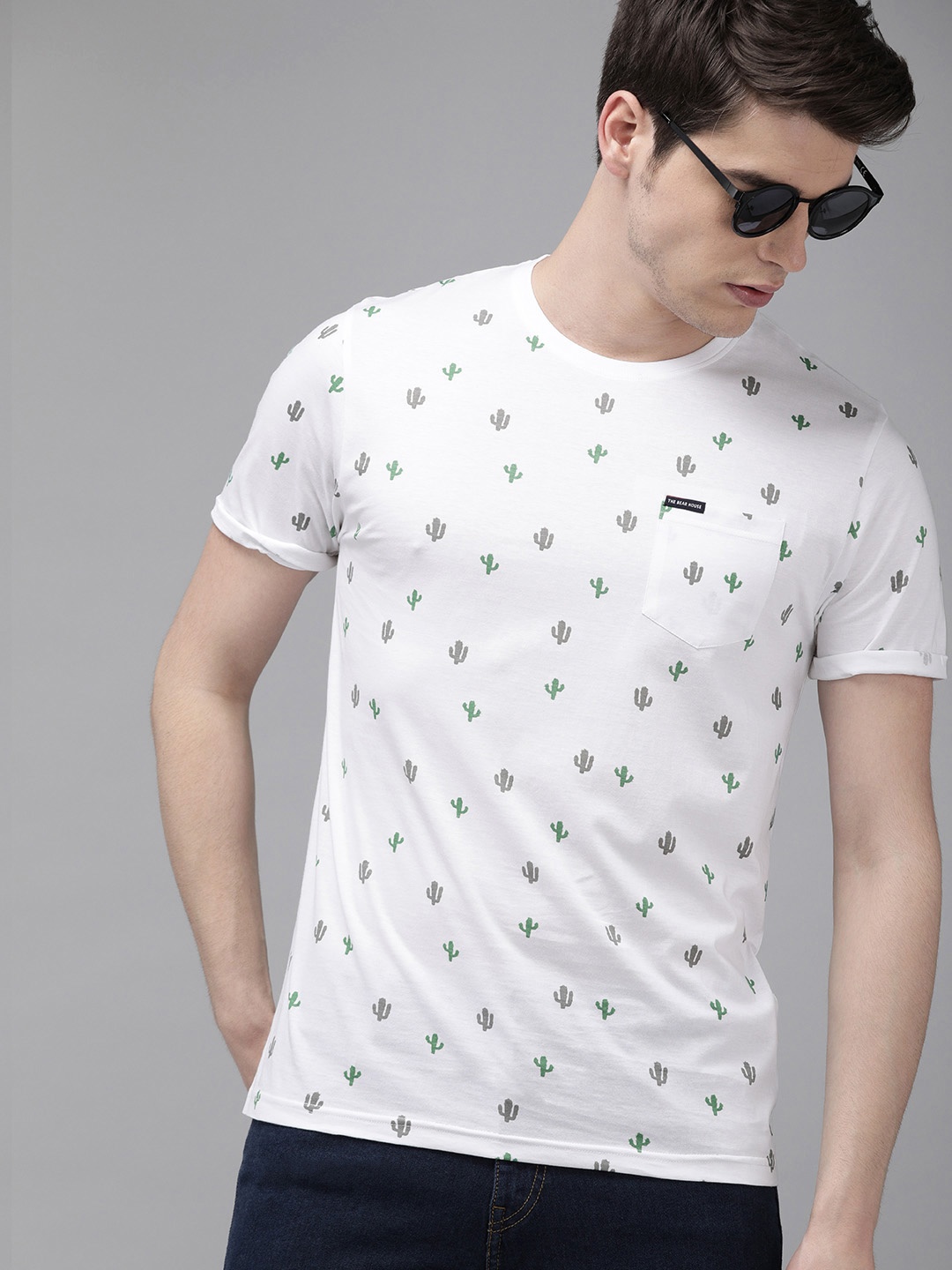 

THE BEAR HOUSE Men White Slim Fit Printed Round Neck Pure Cotton T-shirt