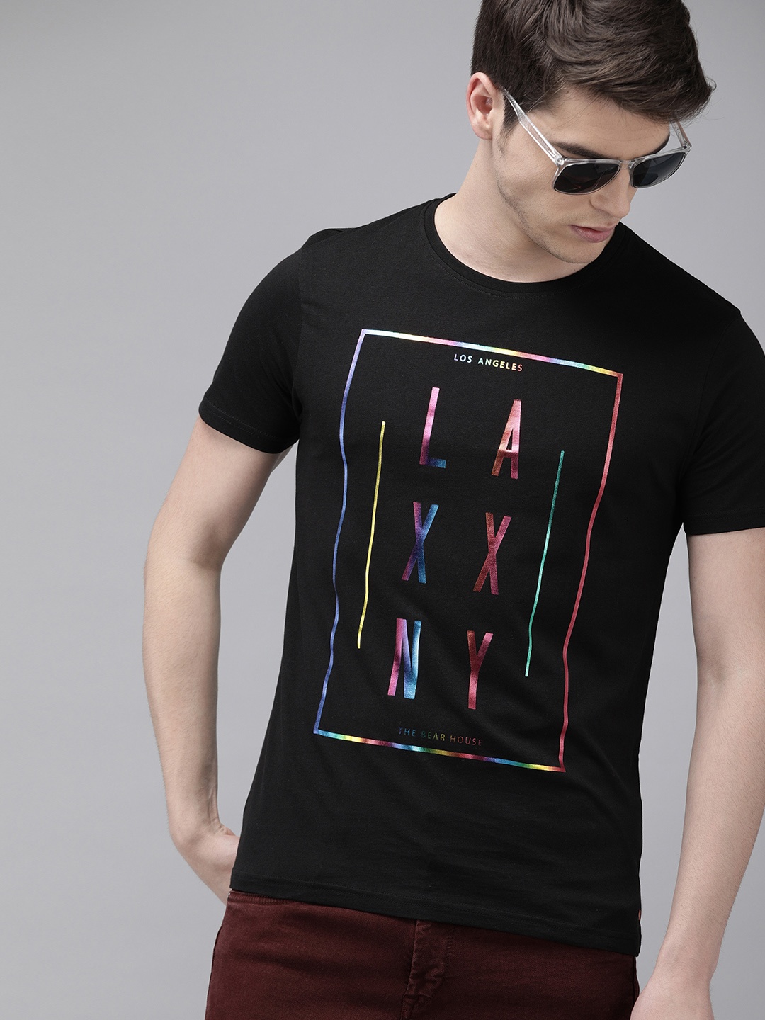 

THE BEAR HOUSE Men Black Slim Fit Printed Round Neck Pure Cotton T-shirt