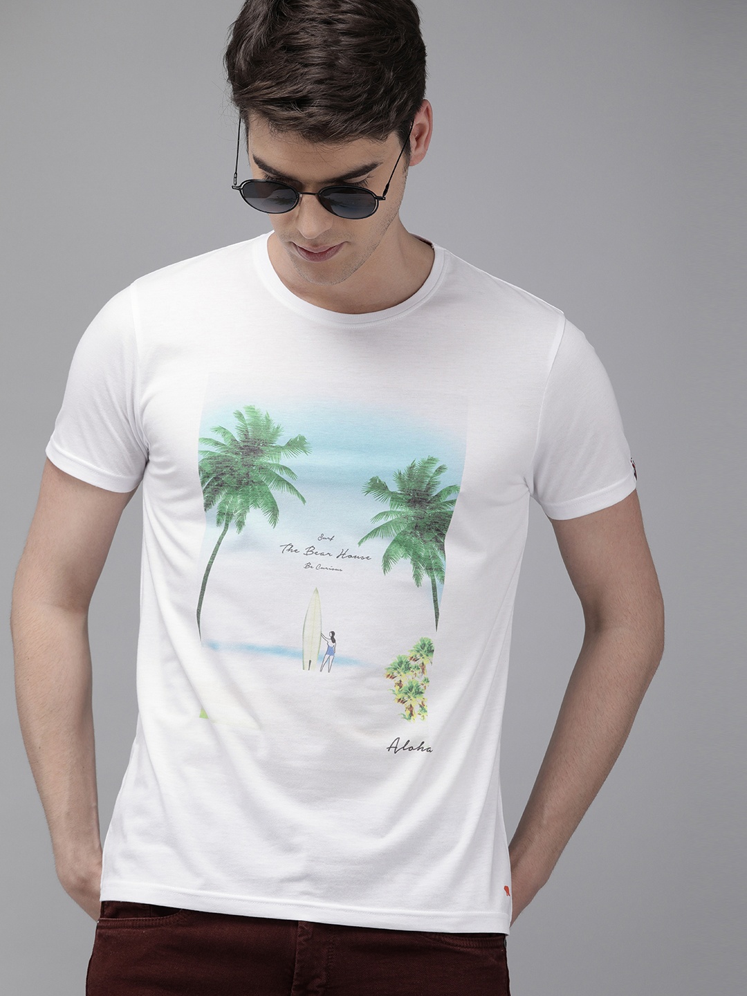 

THE BEAR HOUSE Men White Slim Fit Printed Round Neck T-shirt