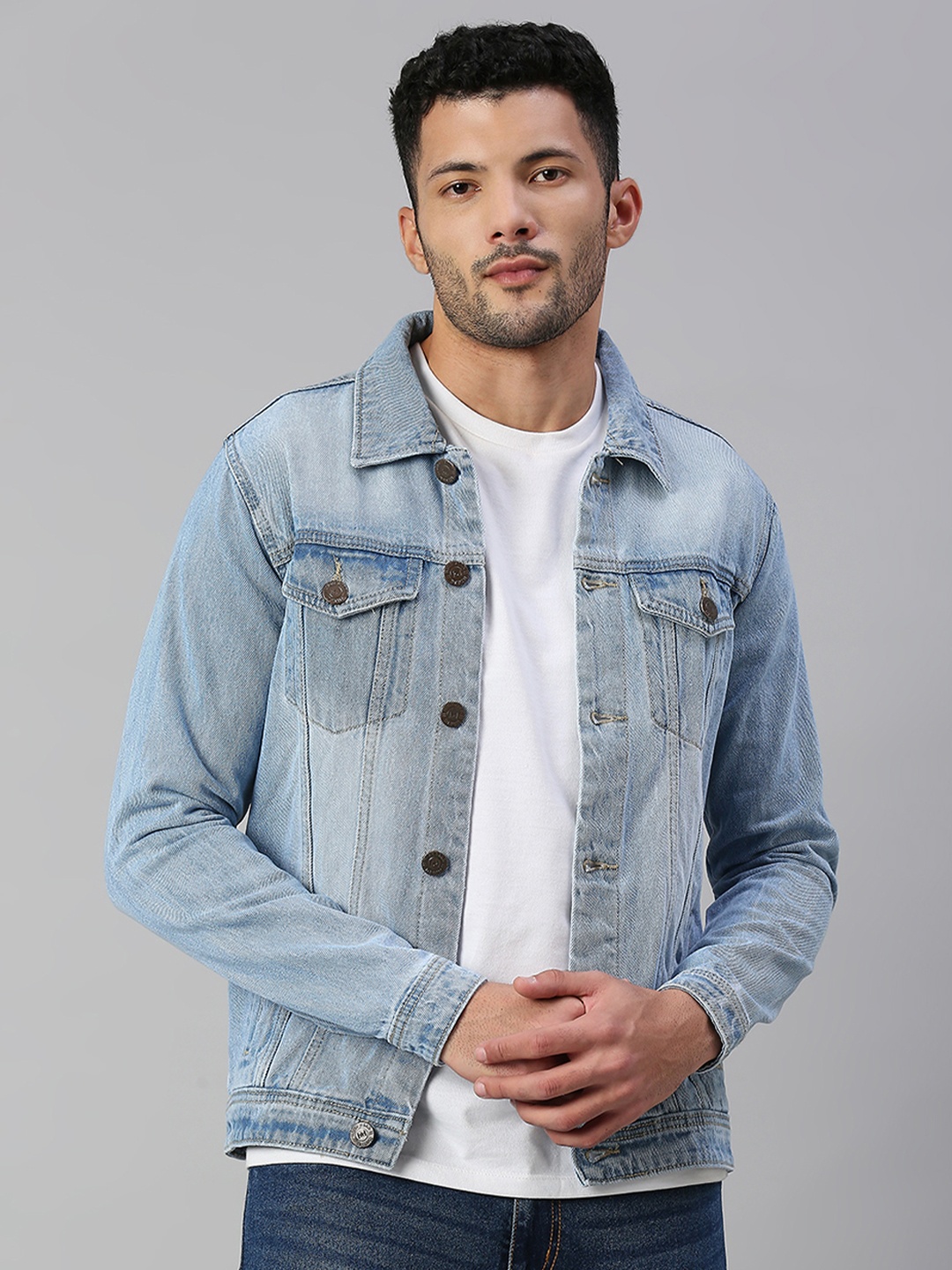 

High Star Men Blue Solid Denim Jacket