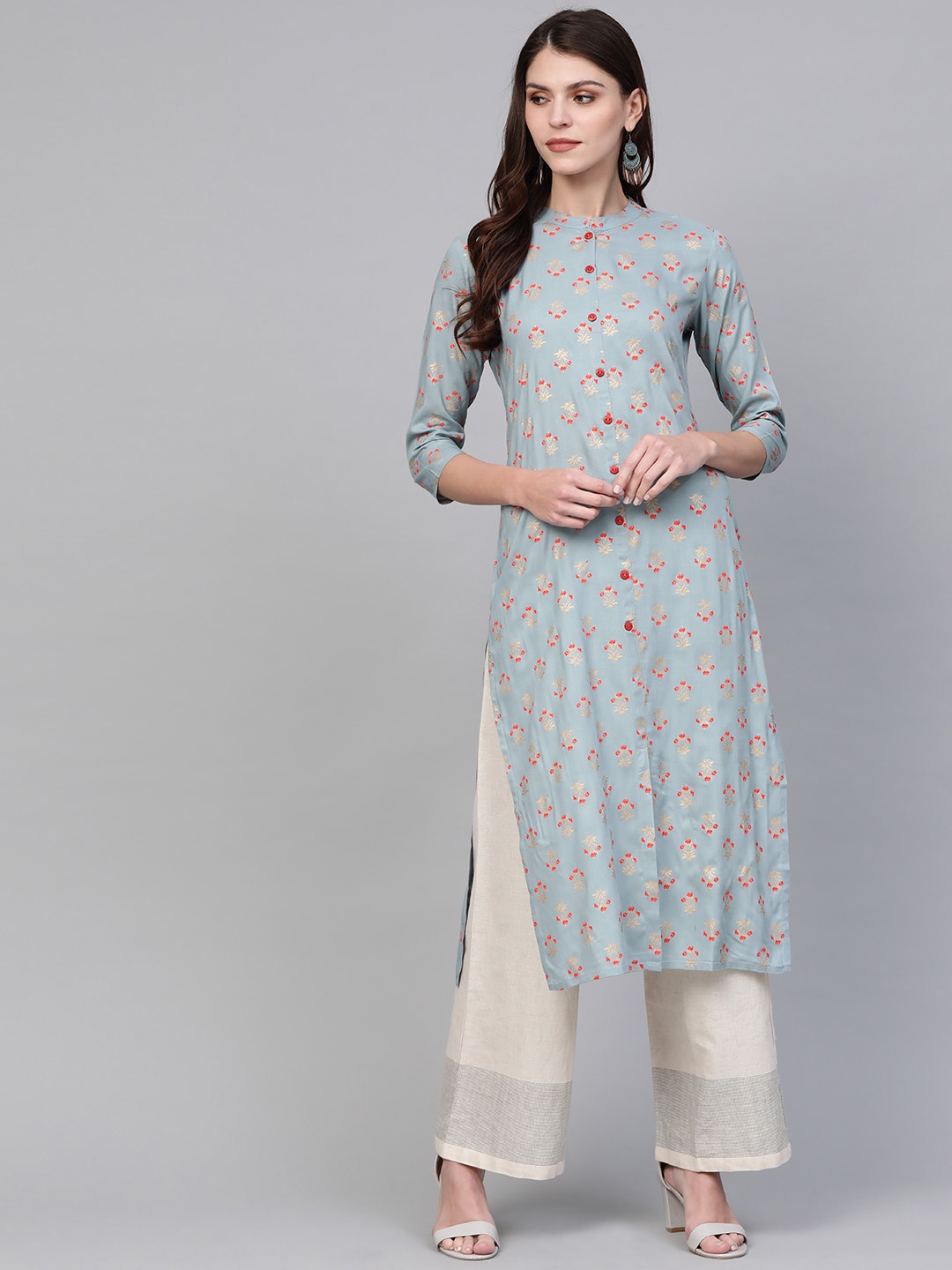 

AHIKA Women Blue & Golden Printed Straight Kurta
