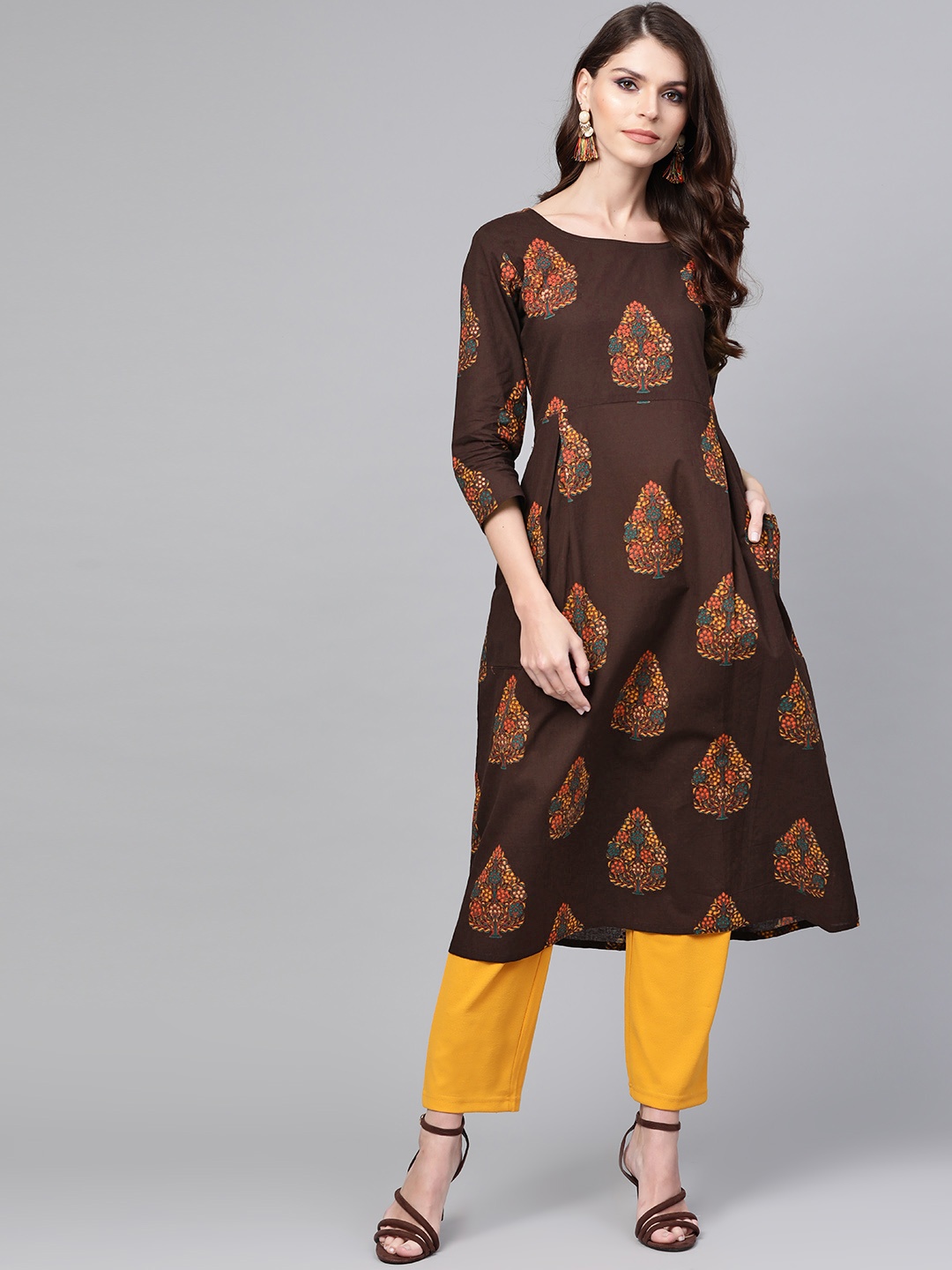 

AHIKA Women Coffee Brown & Mustard Yellow Printed A-Line Kurta