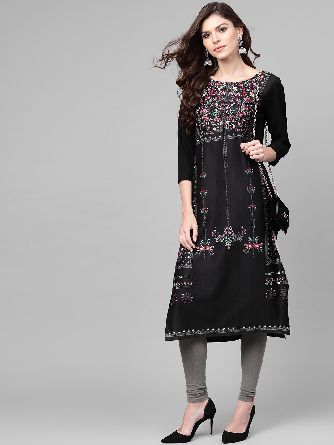 

AHIKA Women Black & Off-White Printed Straight Kurta