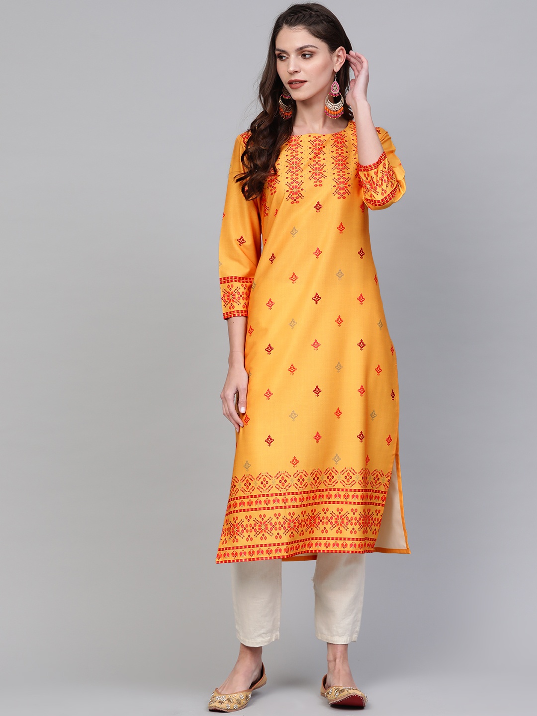 

AHIKA Women Yellow & Red Printed Straight Kurta