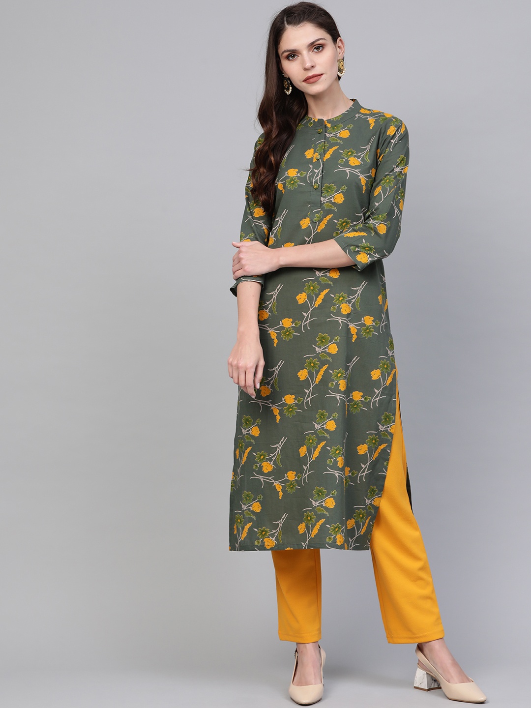 

AHIKA Women Olive Green & Mustard Yellow Floral Printed Straight Kurta